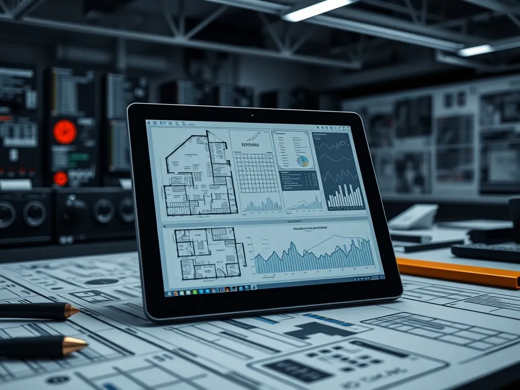 A professional technical workspace with a digital tablet sho