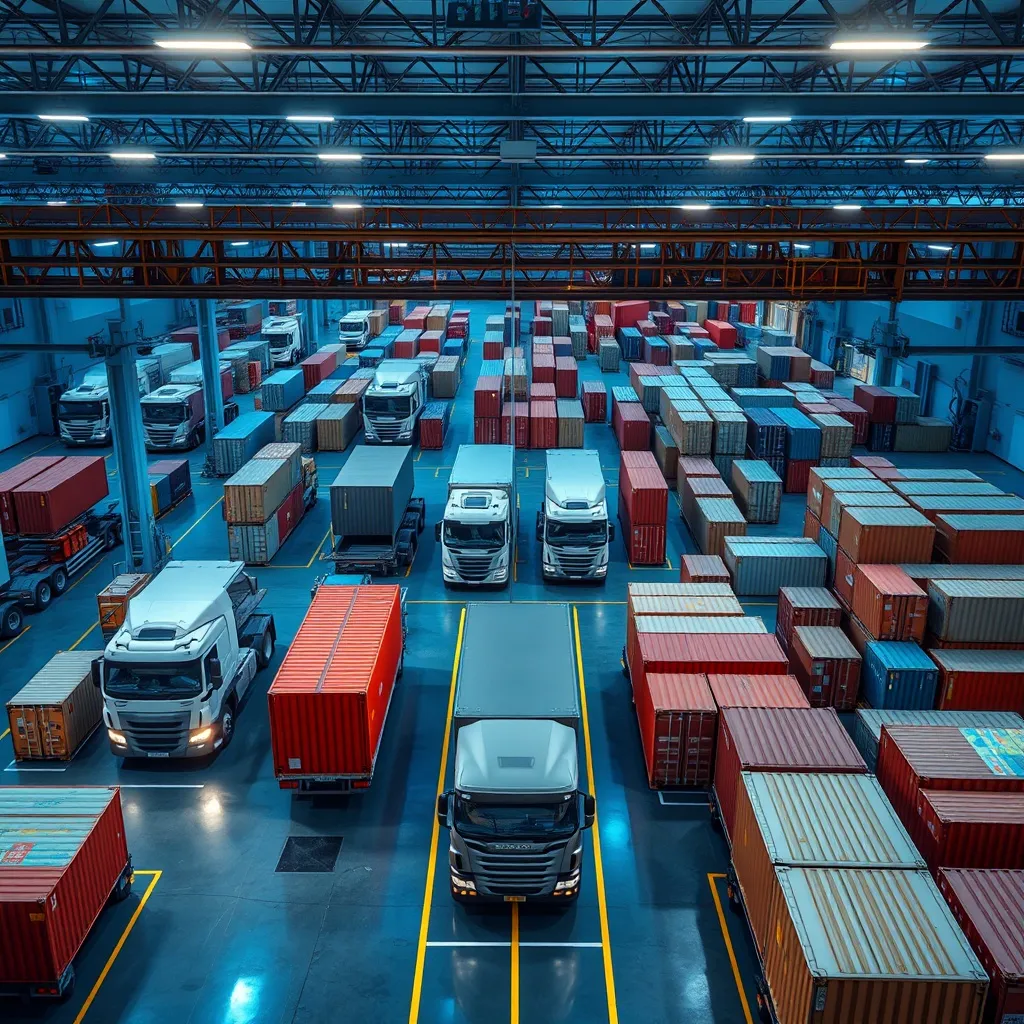 A high-angle professional shot of a modern logistical center