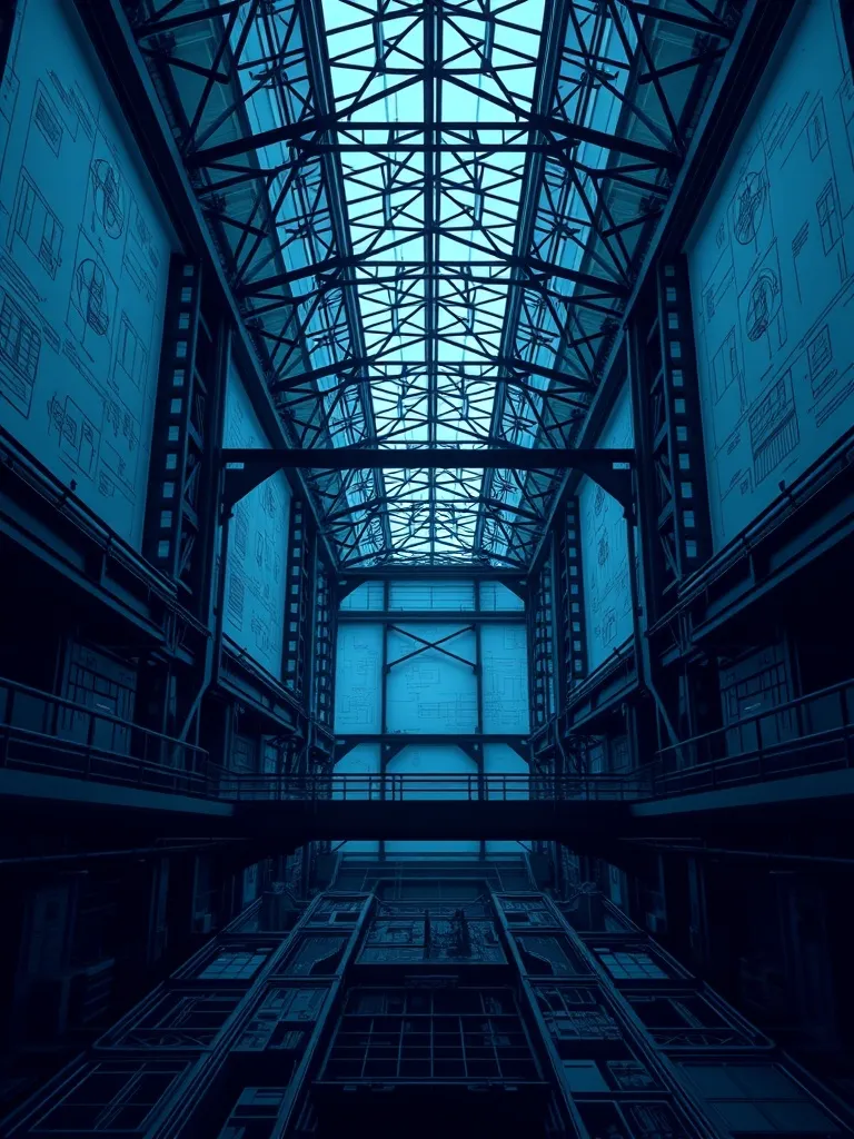 A high-tech industrial architecture background with blueprin