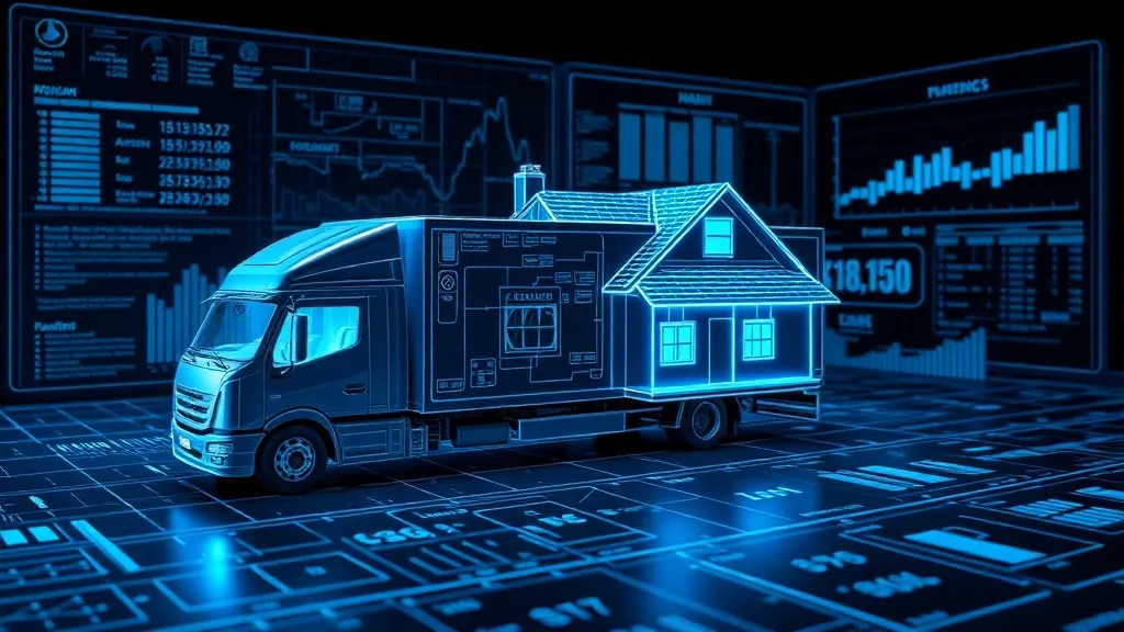 A technical 3D blueprint visualization of a moving truck and